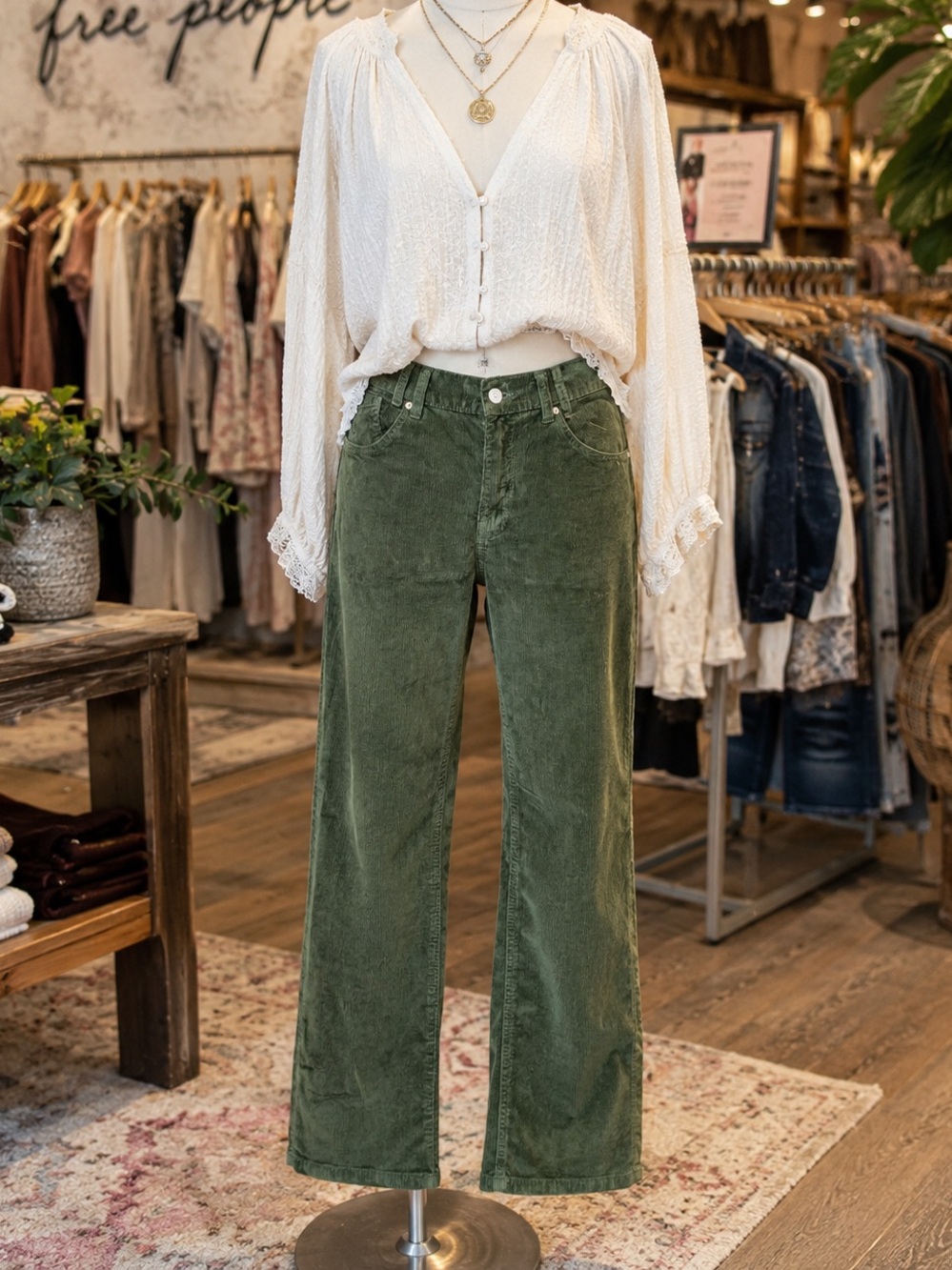 NWT We The Free Risk Taker High Rise Straight Corduroy Pants Garden Green 29